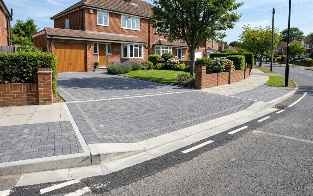 Completed dropped kerb outside a block paved driveway
