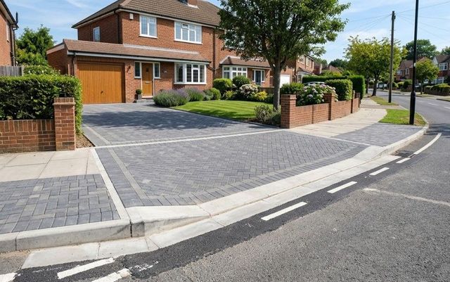 Completed dropped kerb outside a block paved driveway