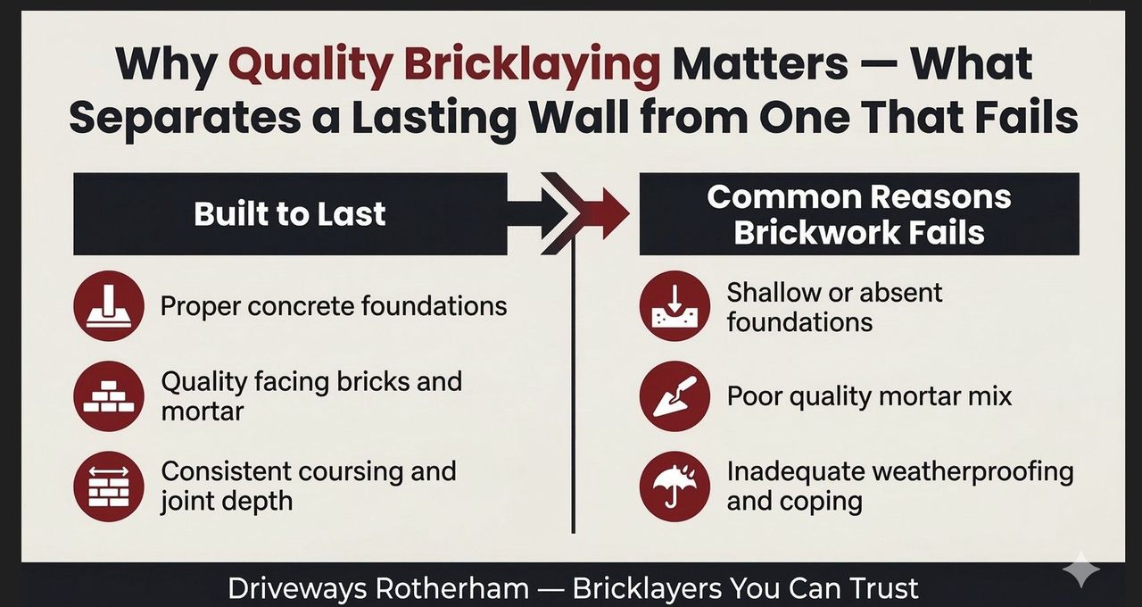 Infographic: what separates a lasting wall from one that fails — proper foundations, quality bricks and mortar, and consistent coursing, against shallow foundations, poor mortar and inadequate weatherproofing