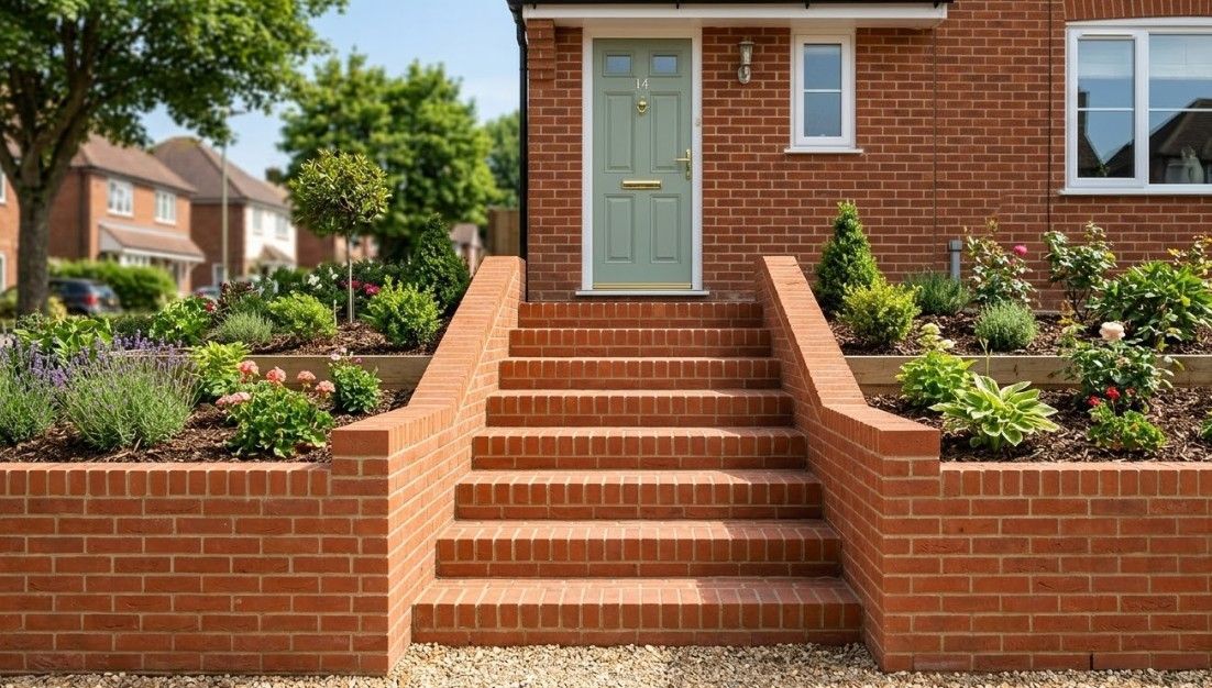 New brick steps and retaining walls at the front of a house