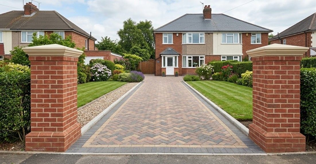 Brick entrance pillars with stone caps either side of a block paved driveway