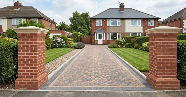 Brick entrance pillars either side of a driveway
