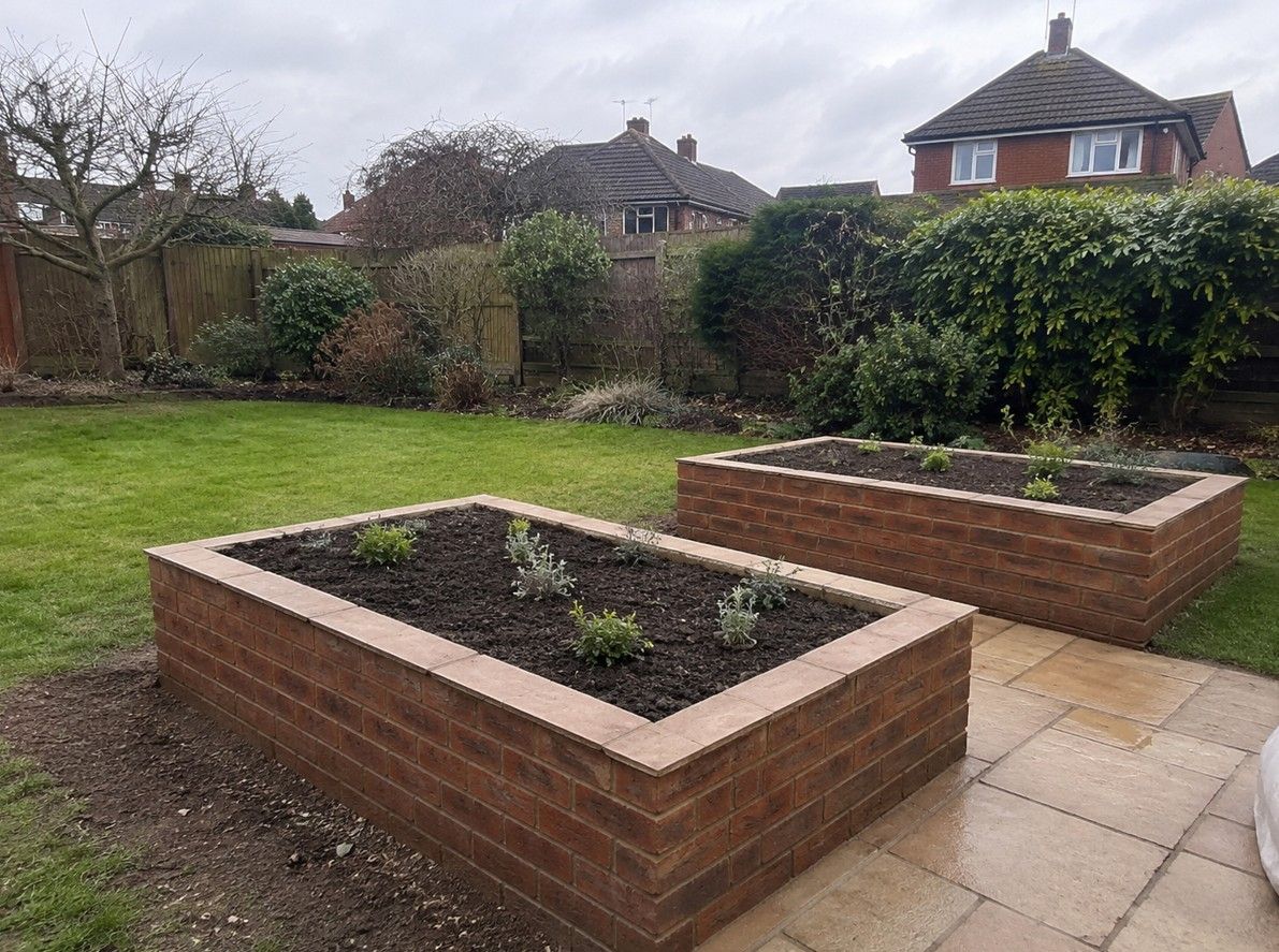 Brick raised garden beds built by garden walling specialists in Rotherham