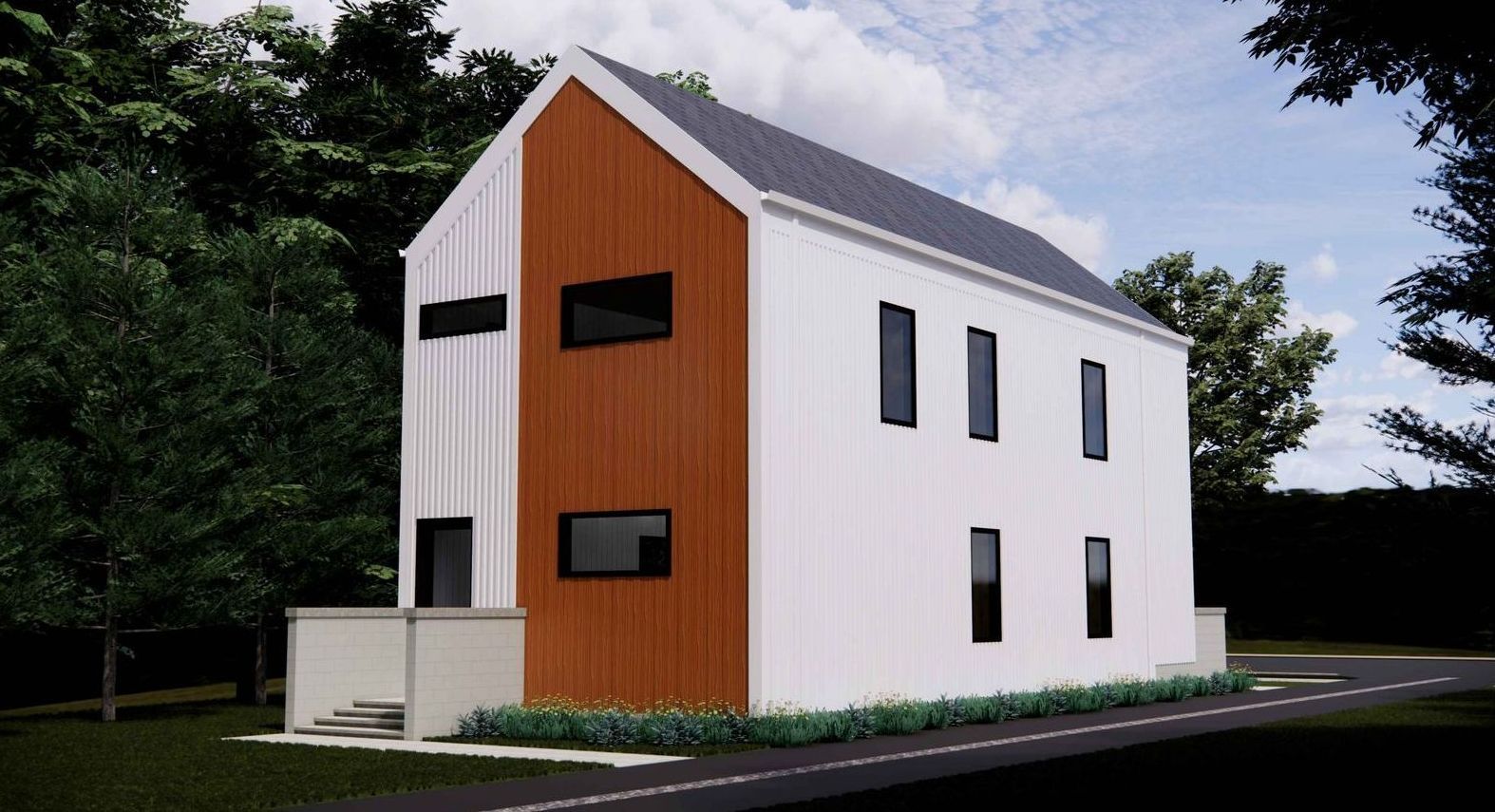 An artist 's impression of a white house with a wooden facade.
