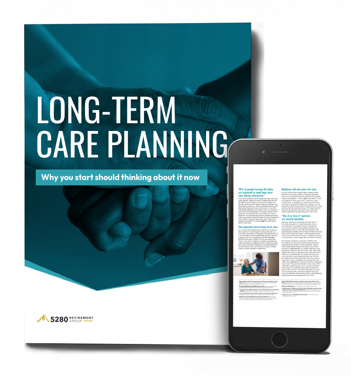 A book titled long-term care planning is next to a cell phone.