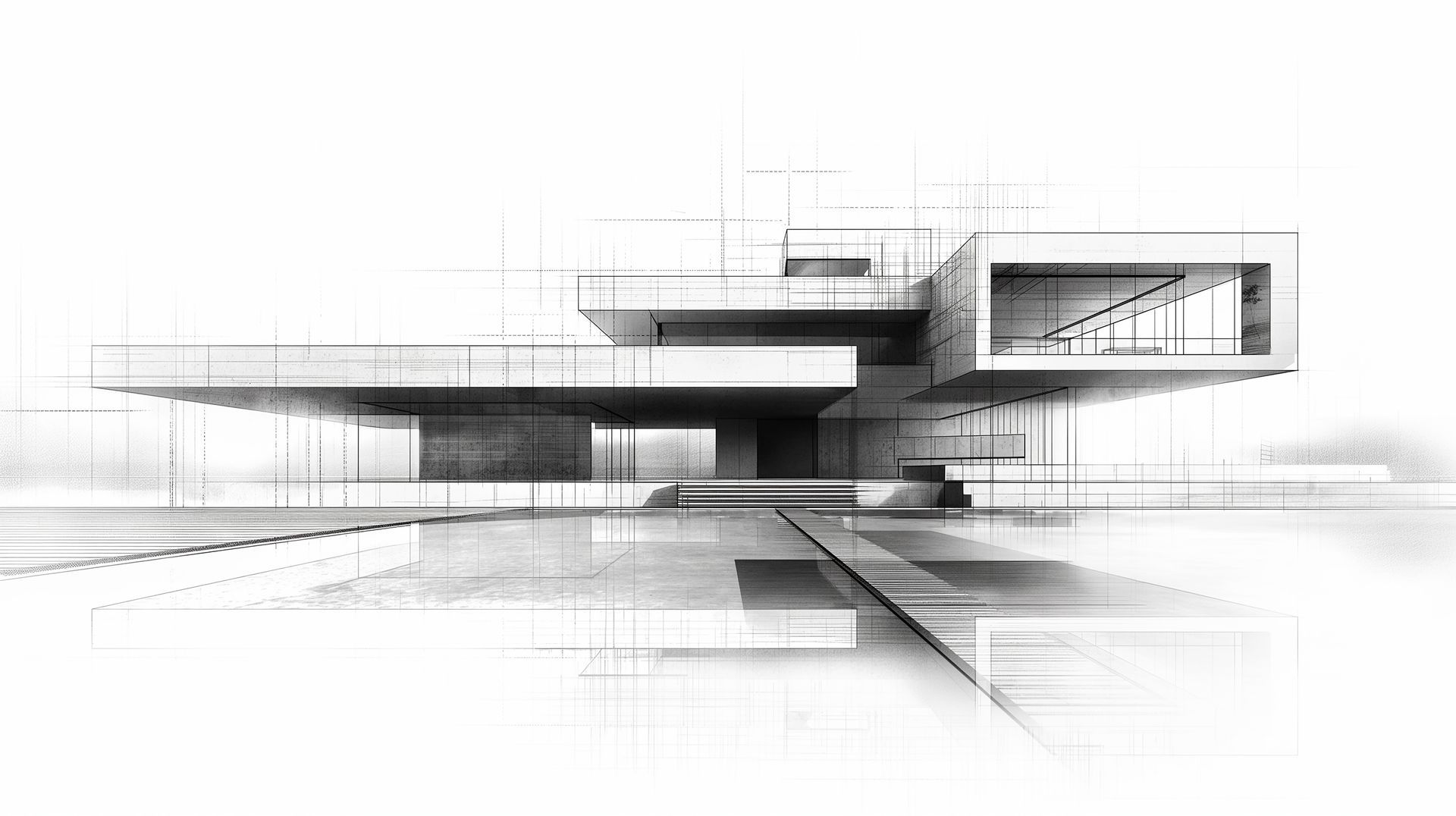 A black-and-white architectural sketch showing a minimalist modern house with cantilevered levels over a reflective surface.