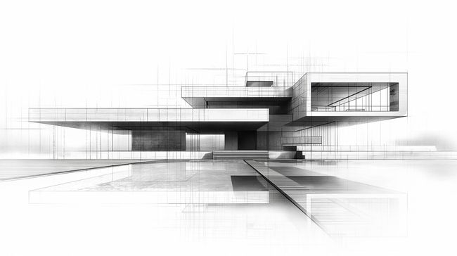 Un croquis architectural épuré et moderne d'un bâtiment en porte-à-faux présentant des formes géométriques et une surface réfléchissante.