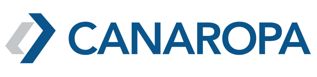 Le logo de Canaropa présente le nom de l'entreprise en lettres capitales bleues à côté d'un chevron bleu et gris clair.