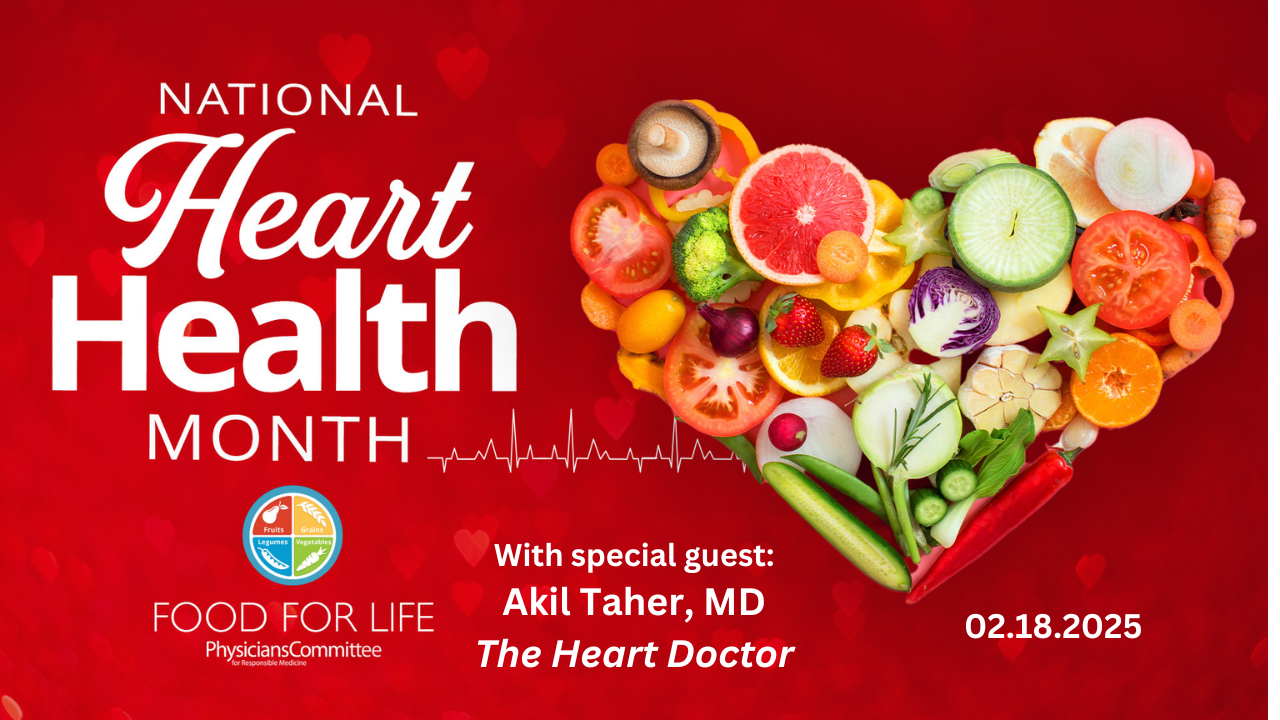 A poster for national heart health month with a heart made of fruits and vegetables.