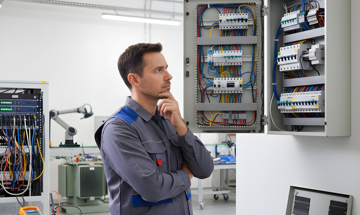 Man in work clothes examines open electrical panel, thoughtful expression. Interior, industrial setting. Man in work clothes examines open electrical panel, thoughtful expression. Interior, industrial setting.