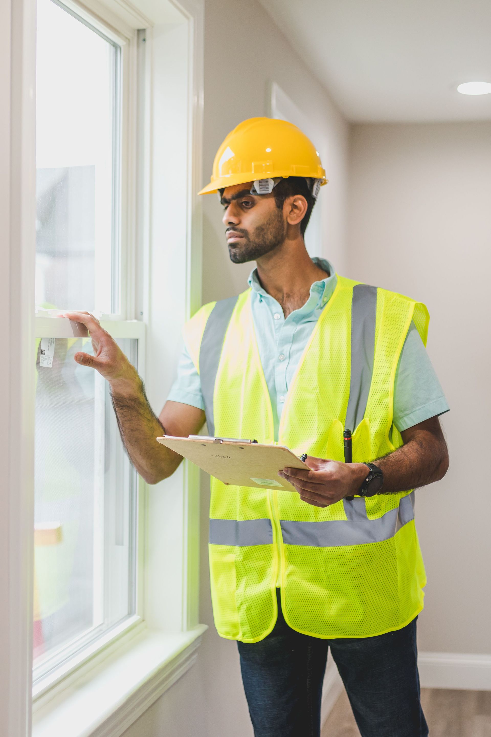 Contractor inspecting a window with a clipboard