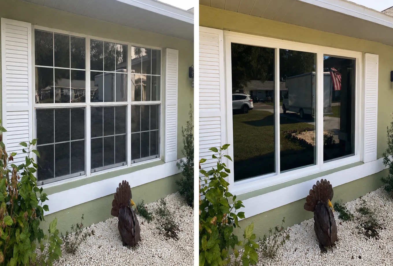 Before-and-after view of a front window replacement: old white-grid window beside a dark-tinted modern window.
