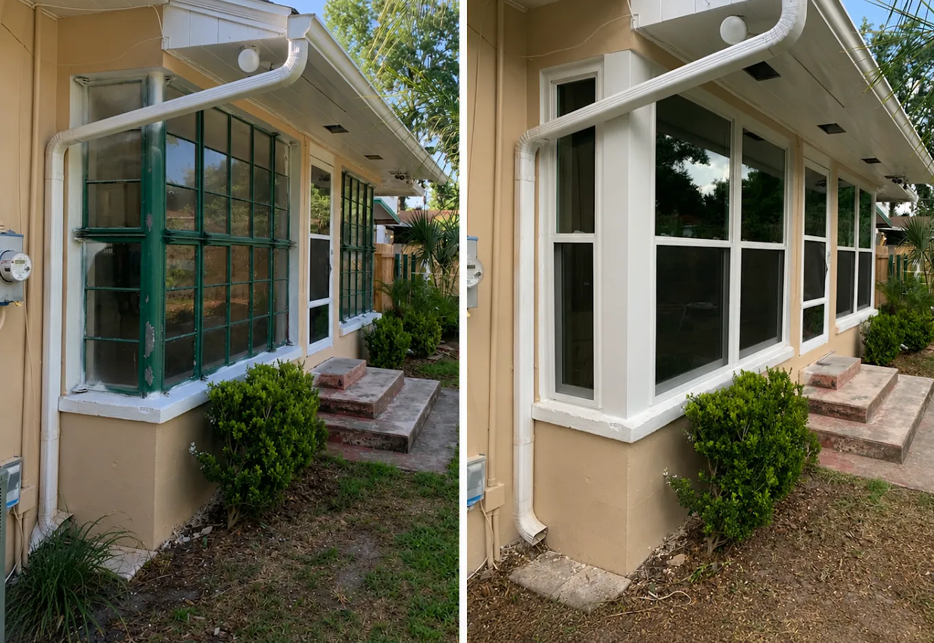 Before-and-after view of a house corner with a white-trimmed bay window and beige siding.