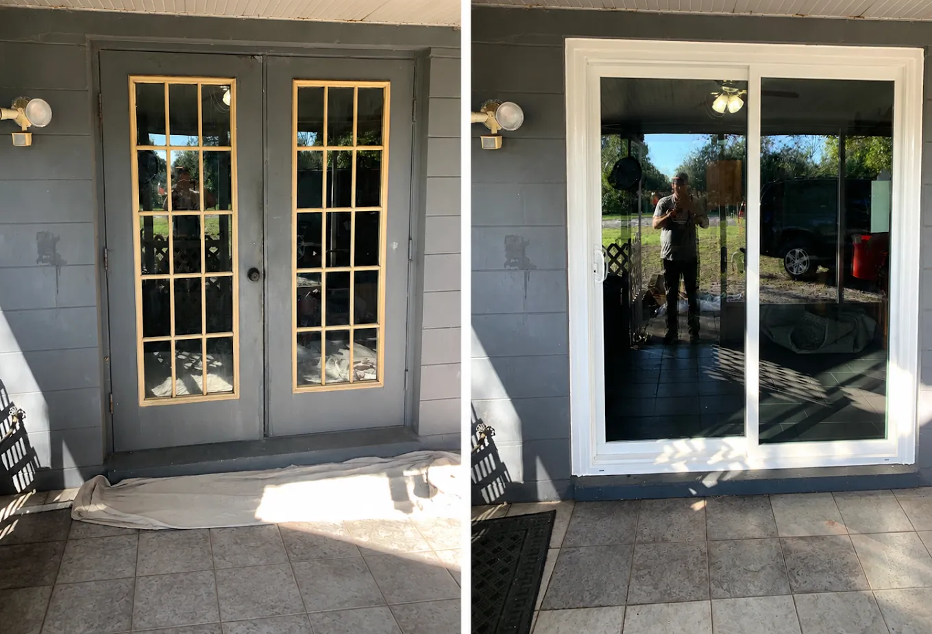 Before-and-after view of painted double glass doors, from dark gray with yellow trim to white trim.