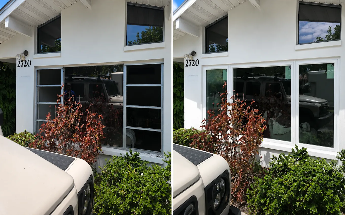 White storefront windows with a burgundy shrub and parked vehicle in front, mirrored side by side