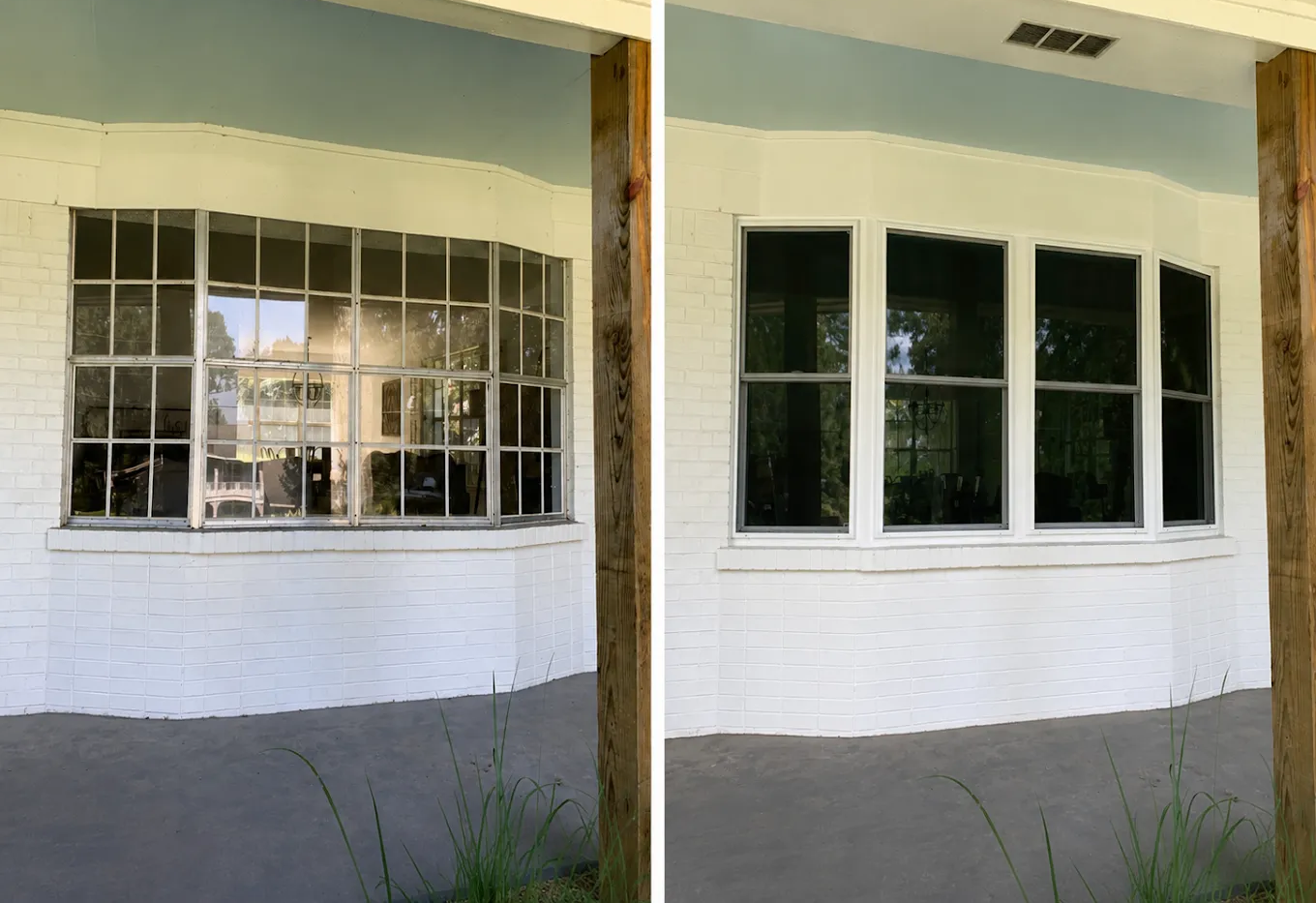 Side-by-side view of a building window before and after replacement, showing old grid panes and new white-framed windows.