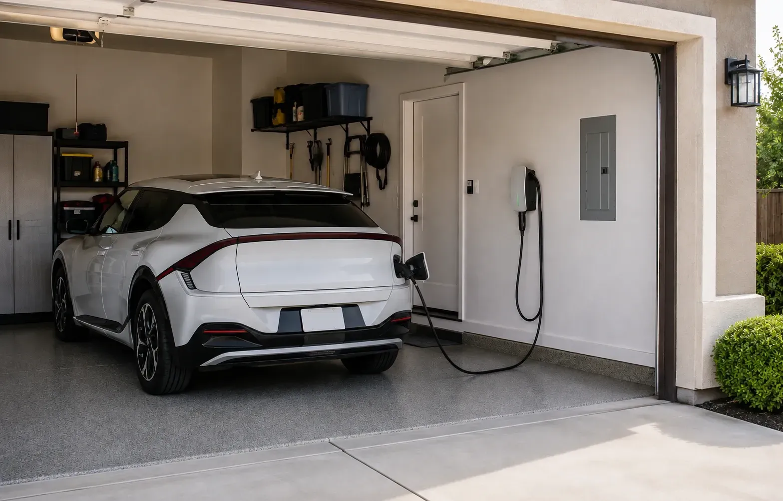 Level 2 EV charger positioned for convenient charging in a Sacramento garage