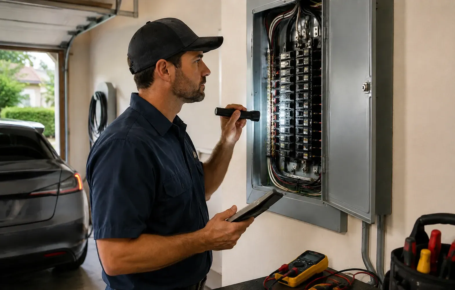 Electrician evaluating a home electrical panel for a planned EV charger installation in Sacramento