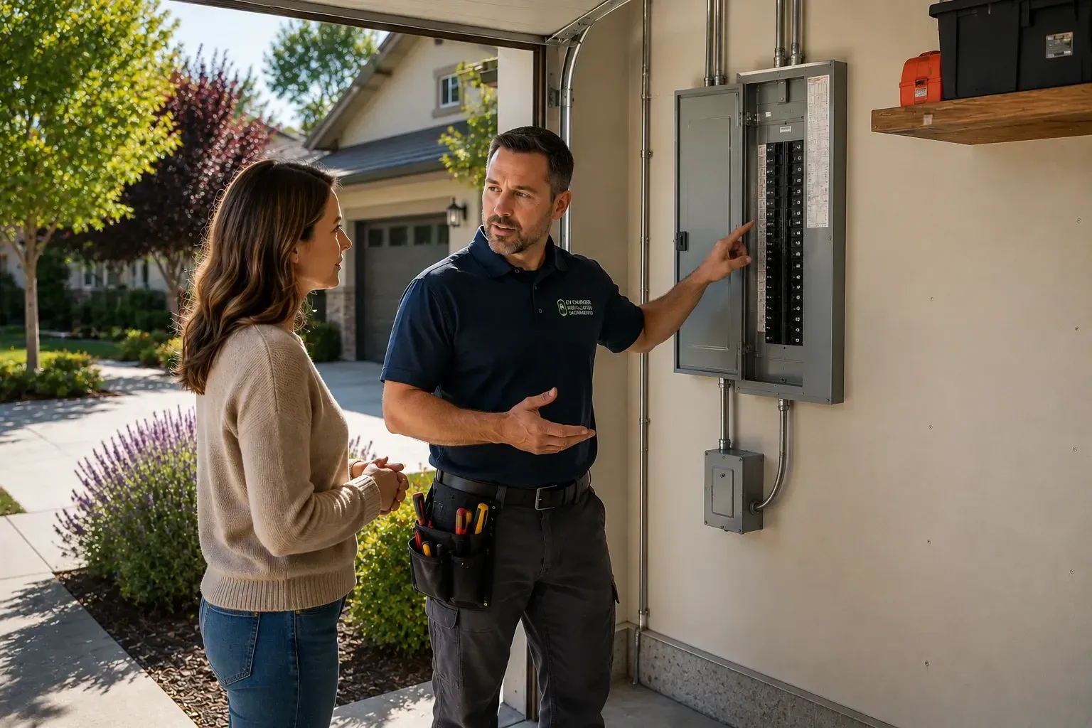 Homeowner discussing a planned EV charger installation with an electrician in a Sacramento garage
