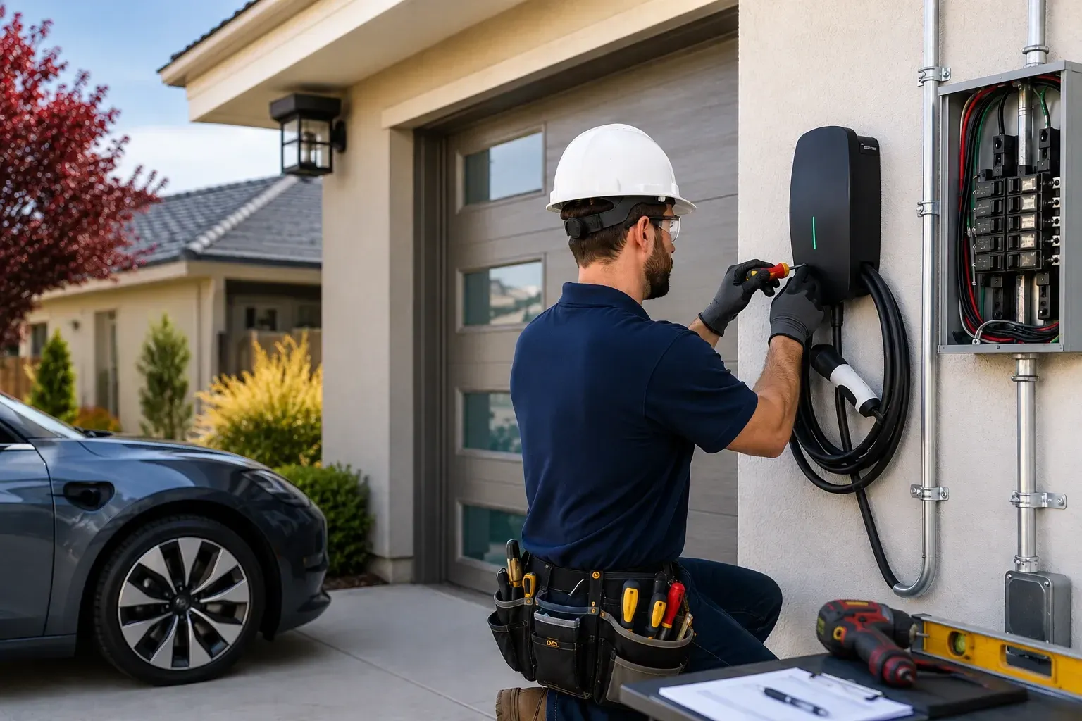 Level 2 EV charger being installed at a Sacramento home