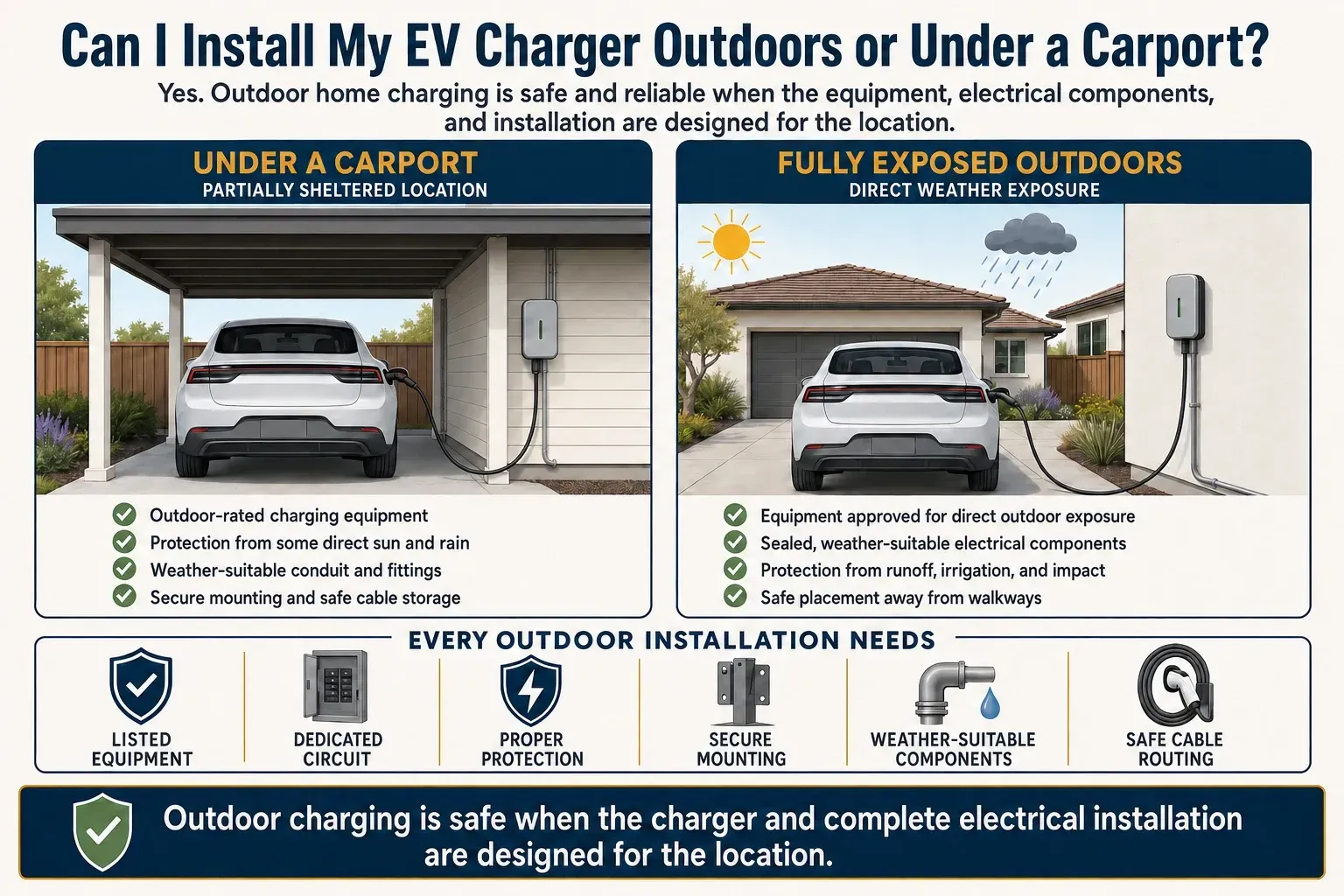 Infographic comparing EV charger installation under a carport with a fully exposed outdoor installation in Sacramento.