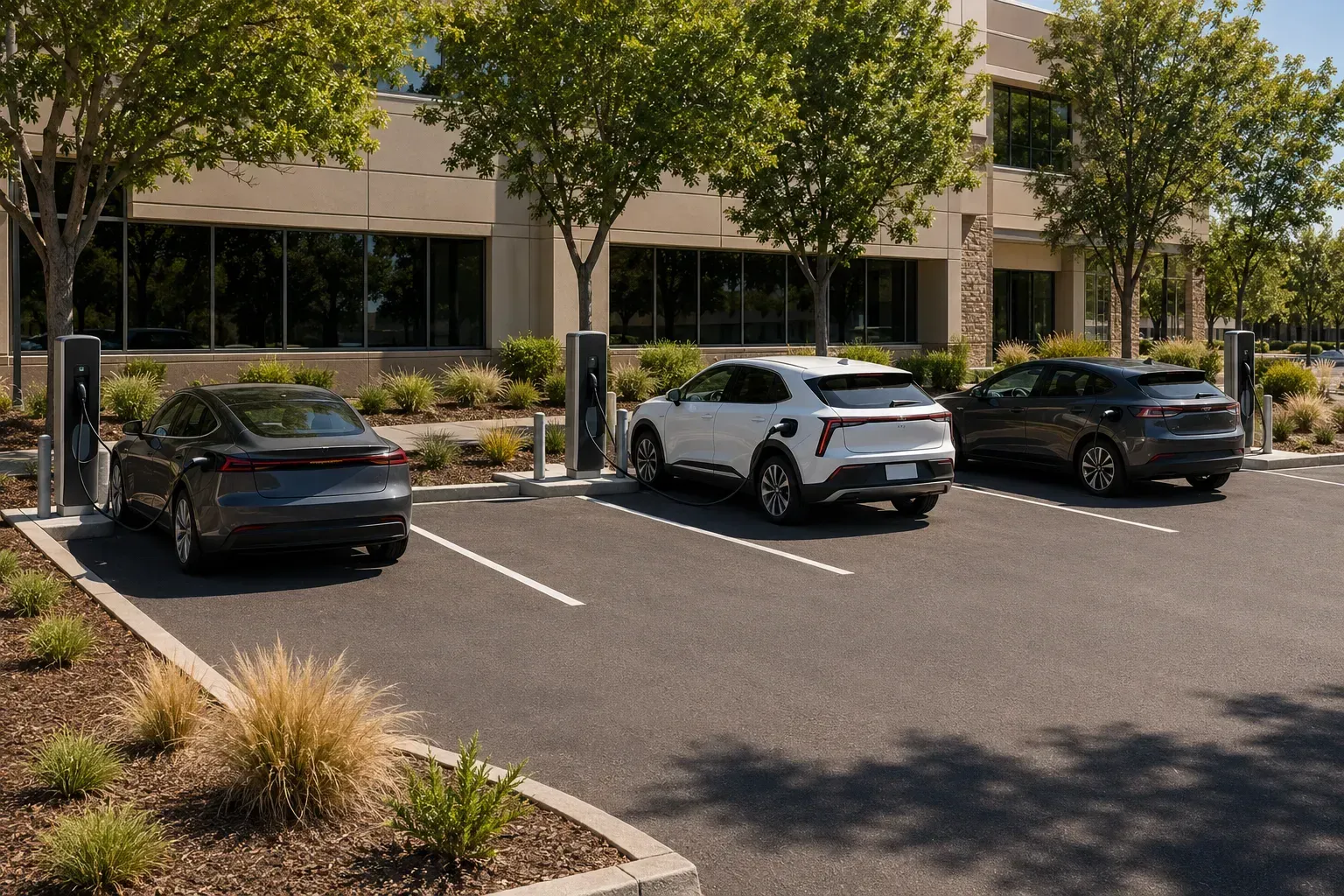 Electric vehicles using pedestal charging stations at a Sacramento commercial property with shade trees and drought-tolerant landscaping.