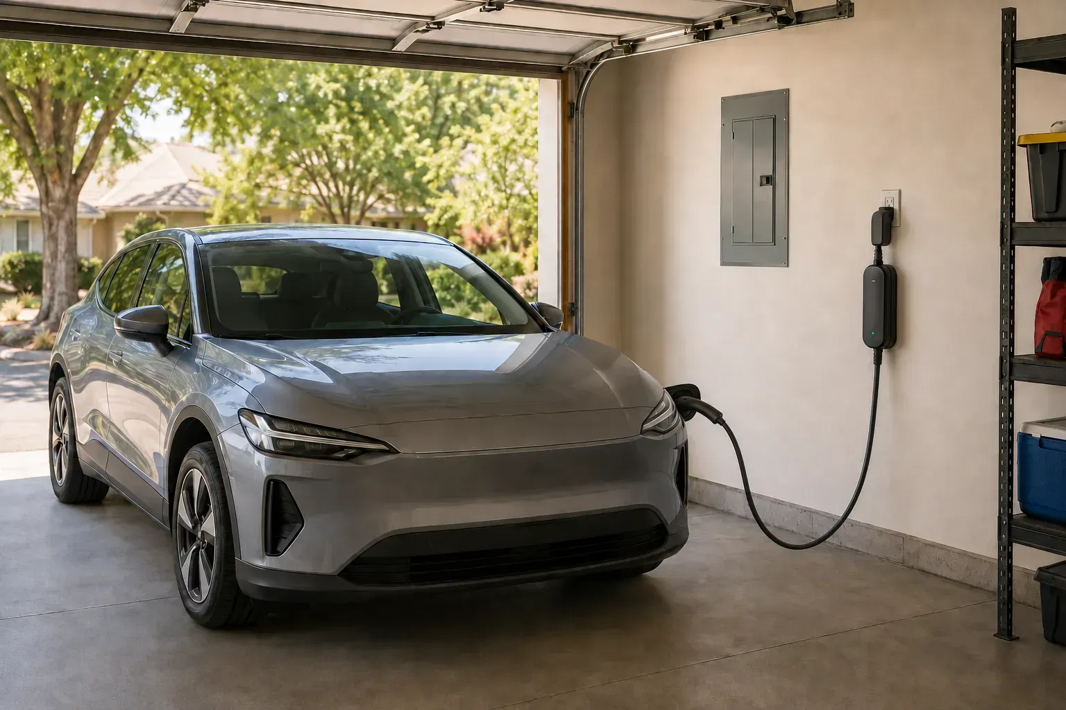 Electric vehicle using a Level 1 portable charger connected directly to a dedicated 120-volt garage outlet in a Sacramento home.