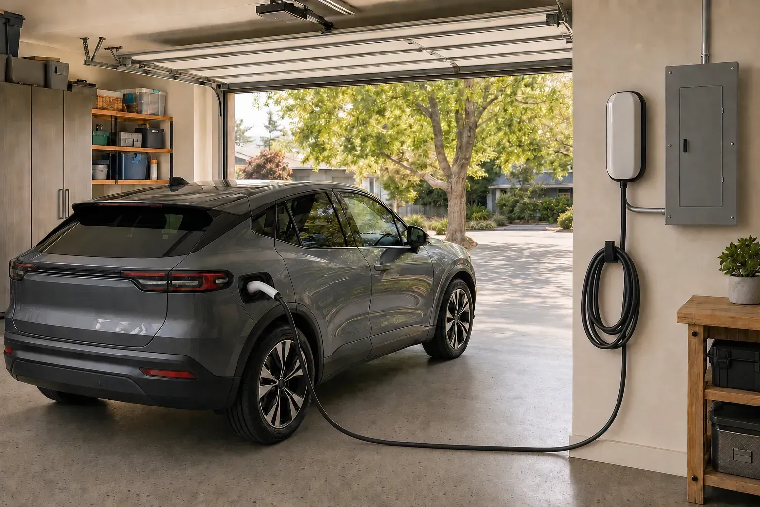 Electric vehicle connected to a wall-mounted Level 2 charger in a Sacramento home garage with a closed electrical panel and neatly stored cable.