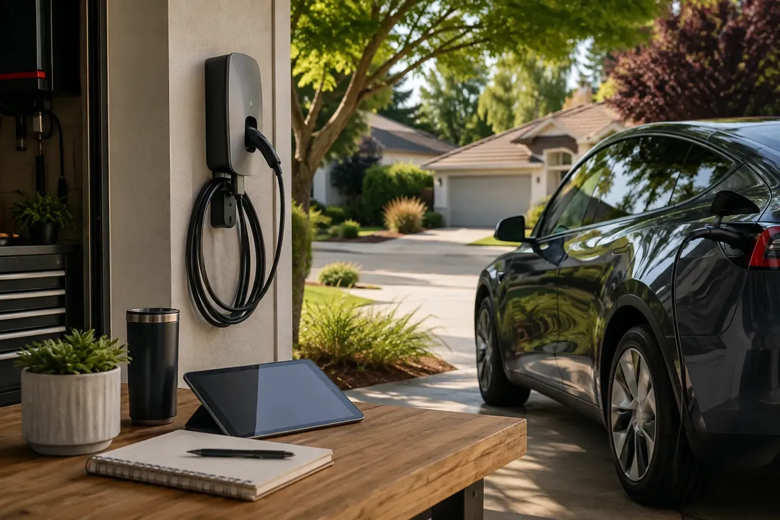 Home EV charger and electric vehicle in a Sacramento garage