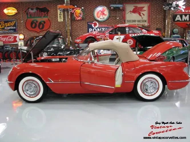 1955 Corvette #695 Gypsy Red , Ivory with Red Stitching Interior 3 Speed ” Sold “