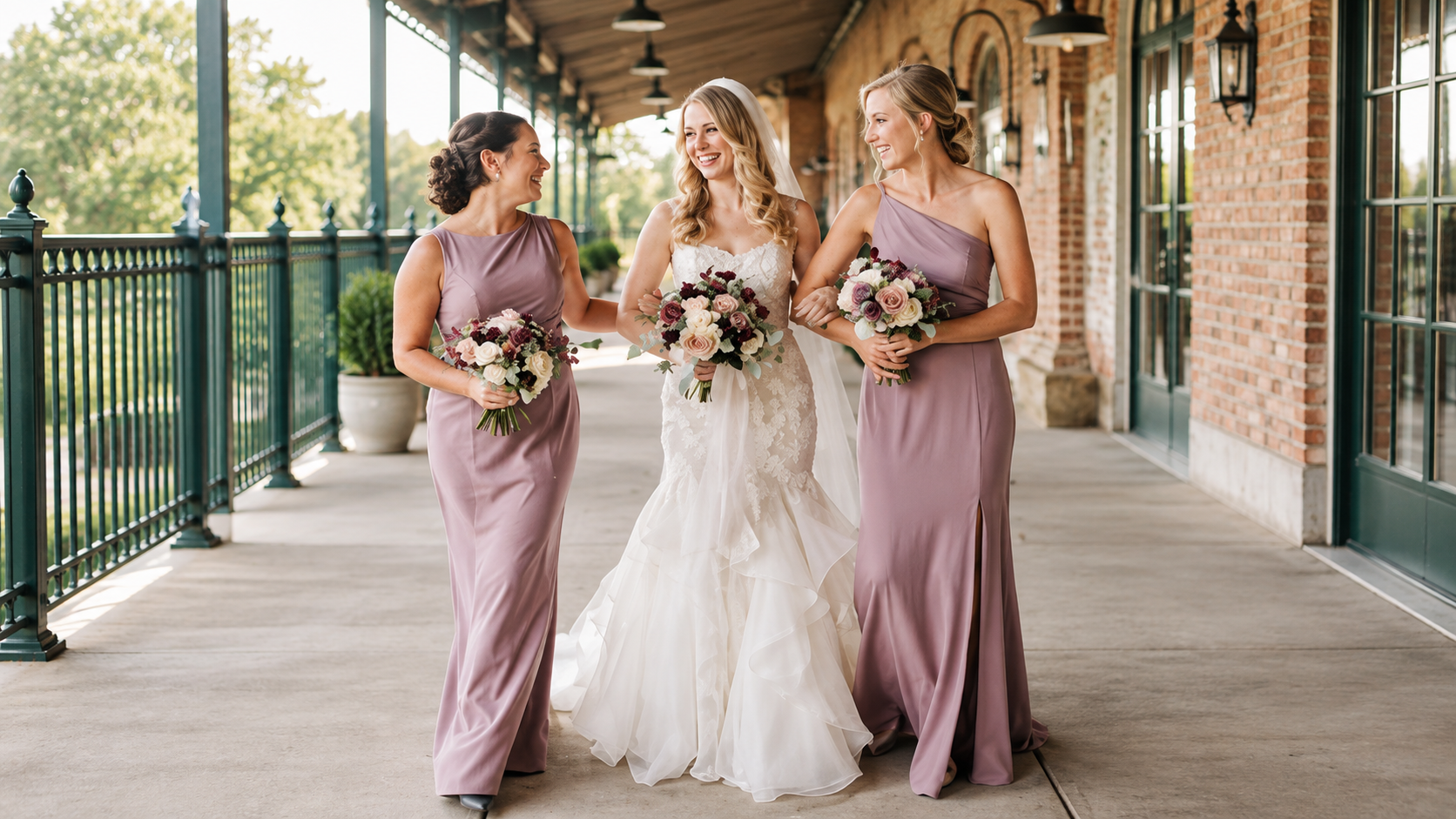 Three women in formal dresses walking together on a covered outdoor walkway, carrying bouquets.