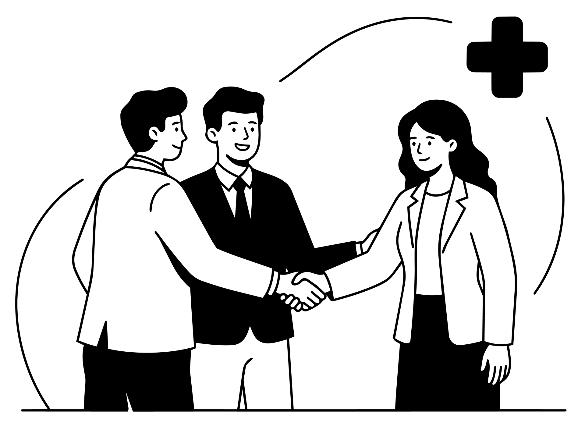 Three people shake hands in a healthcare setting, with a medical cross icon above.