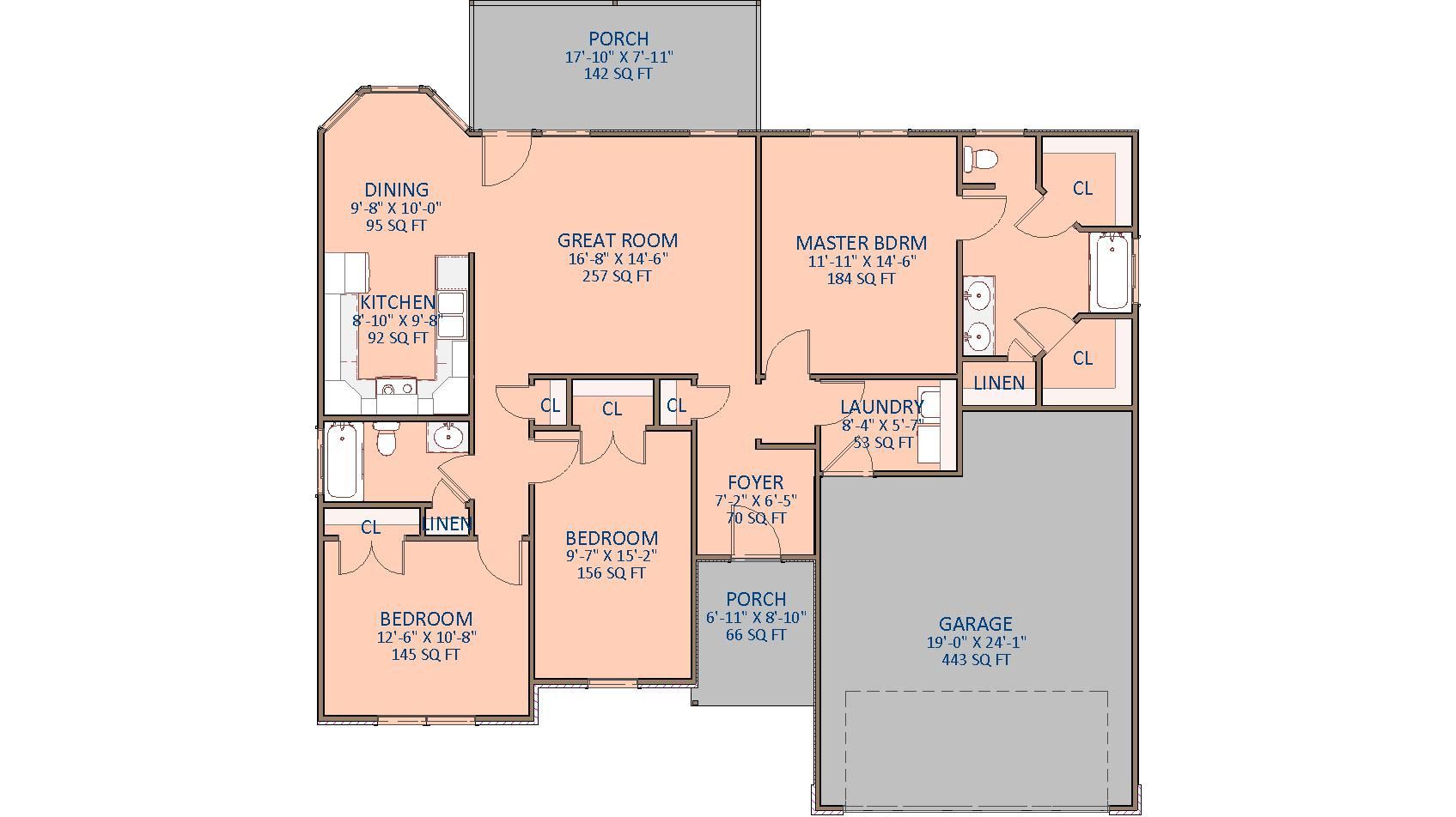 Floor plan of a house with rooms labeled, light orange walls, gray roof, and open garage space.