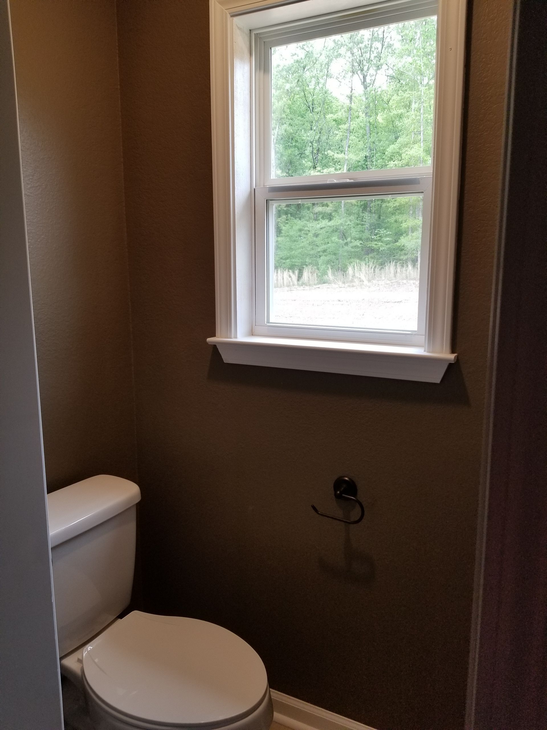 Toilet in a small bathroom with a window. Brown walls, white toilet, and green outdoor view.