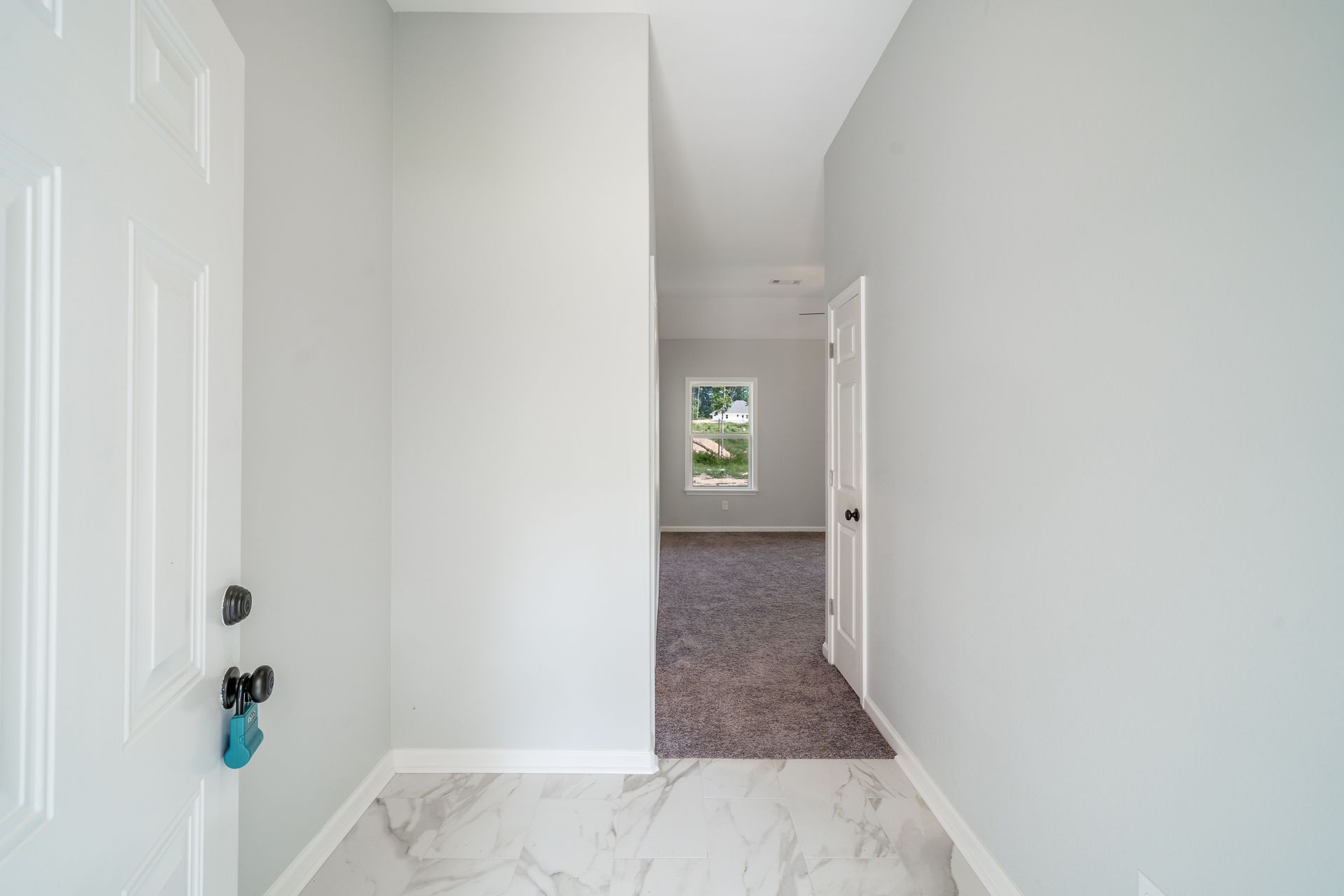 Interior entryway with white door, gray walls, and carpeted room visible.