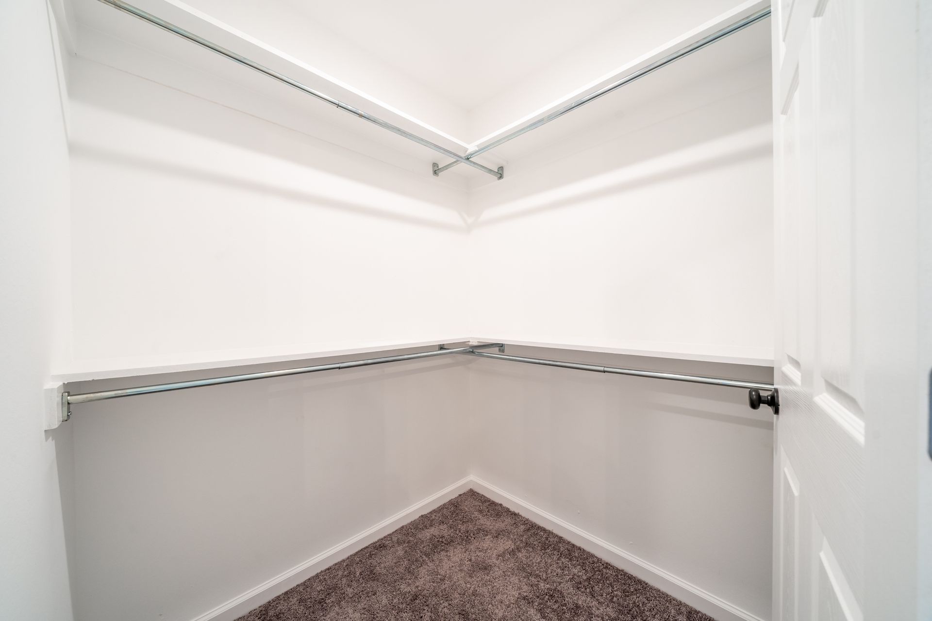 Empty, white closet with shelving and carpeted floor. Door on the right.