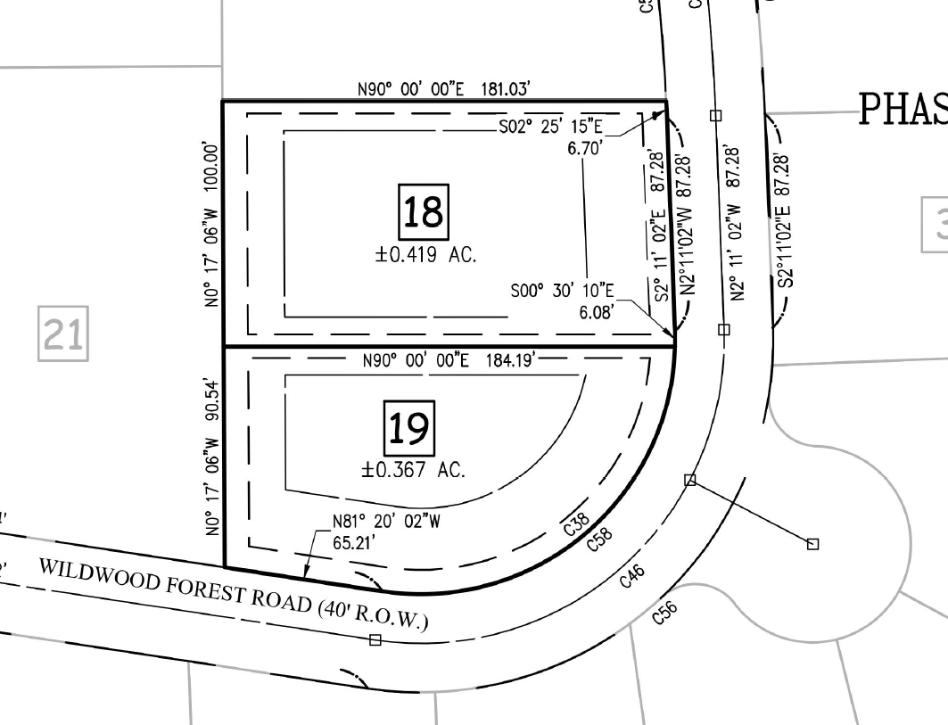Land survey plan showing two rectangular lots (18 & 19) near a curved road, labeled 