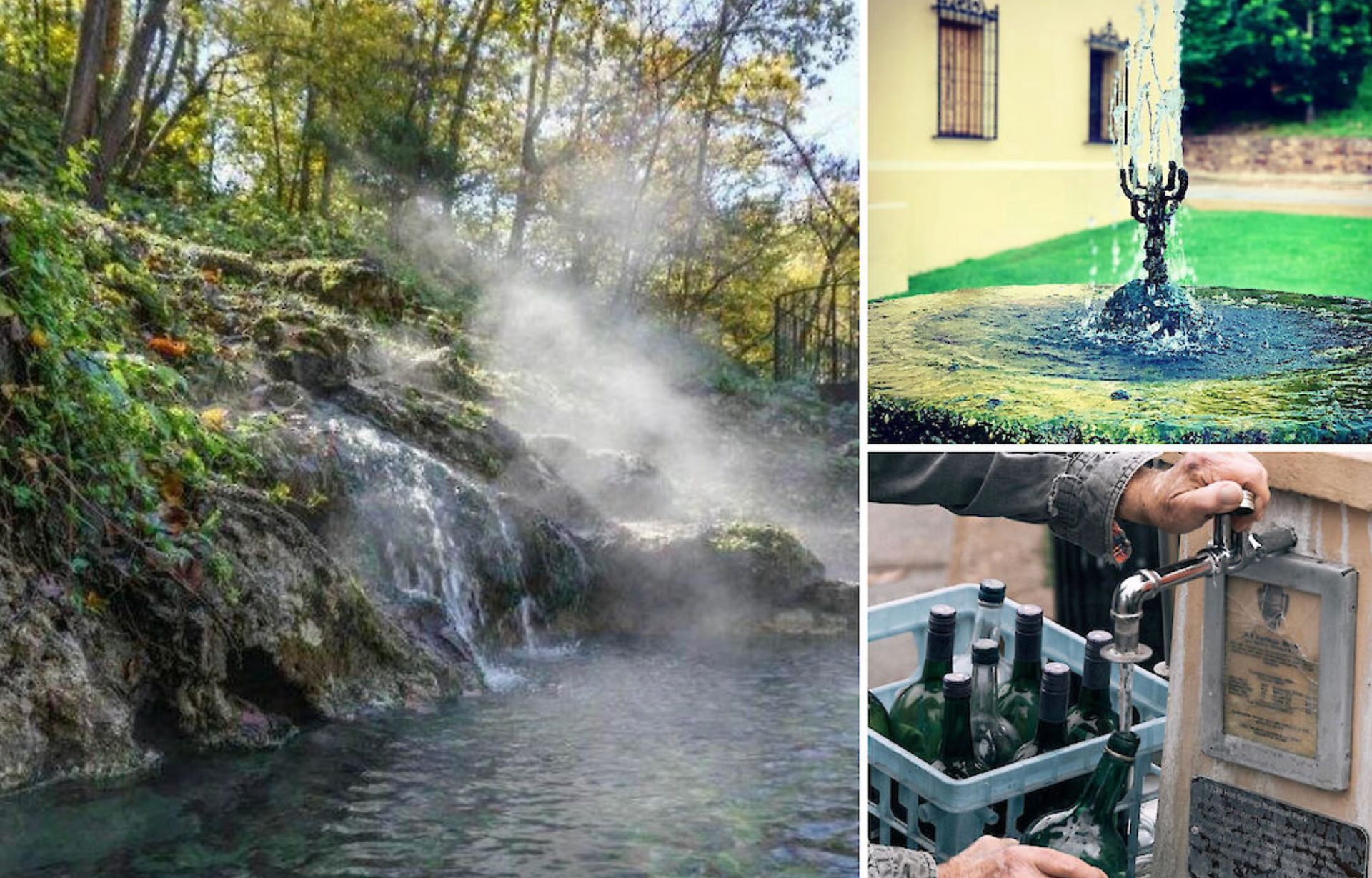 Waterfall, fountain, and bottles in a crate. Steam rises over a natural waterfall in a lush forest.