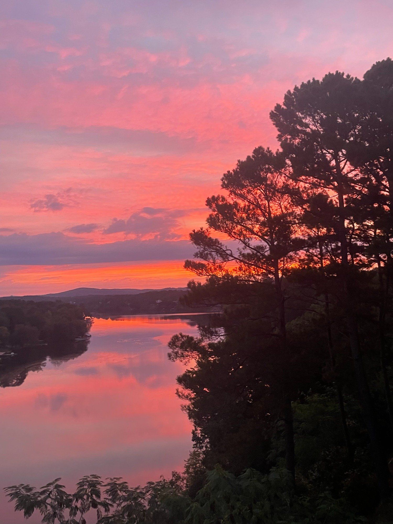 Sunset over a river, with pink and orange hues reflected in the water. Silhouetted trees frame the right side.