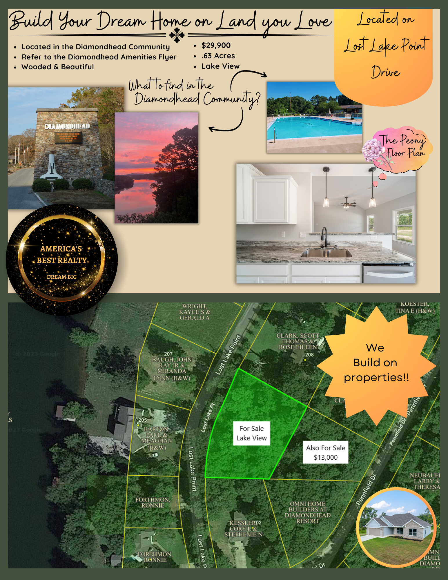 Real estate advertisement with photos of a house, pool, and plot of land. Includes contact information.