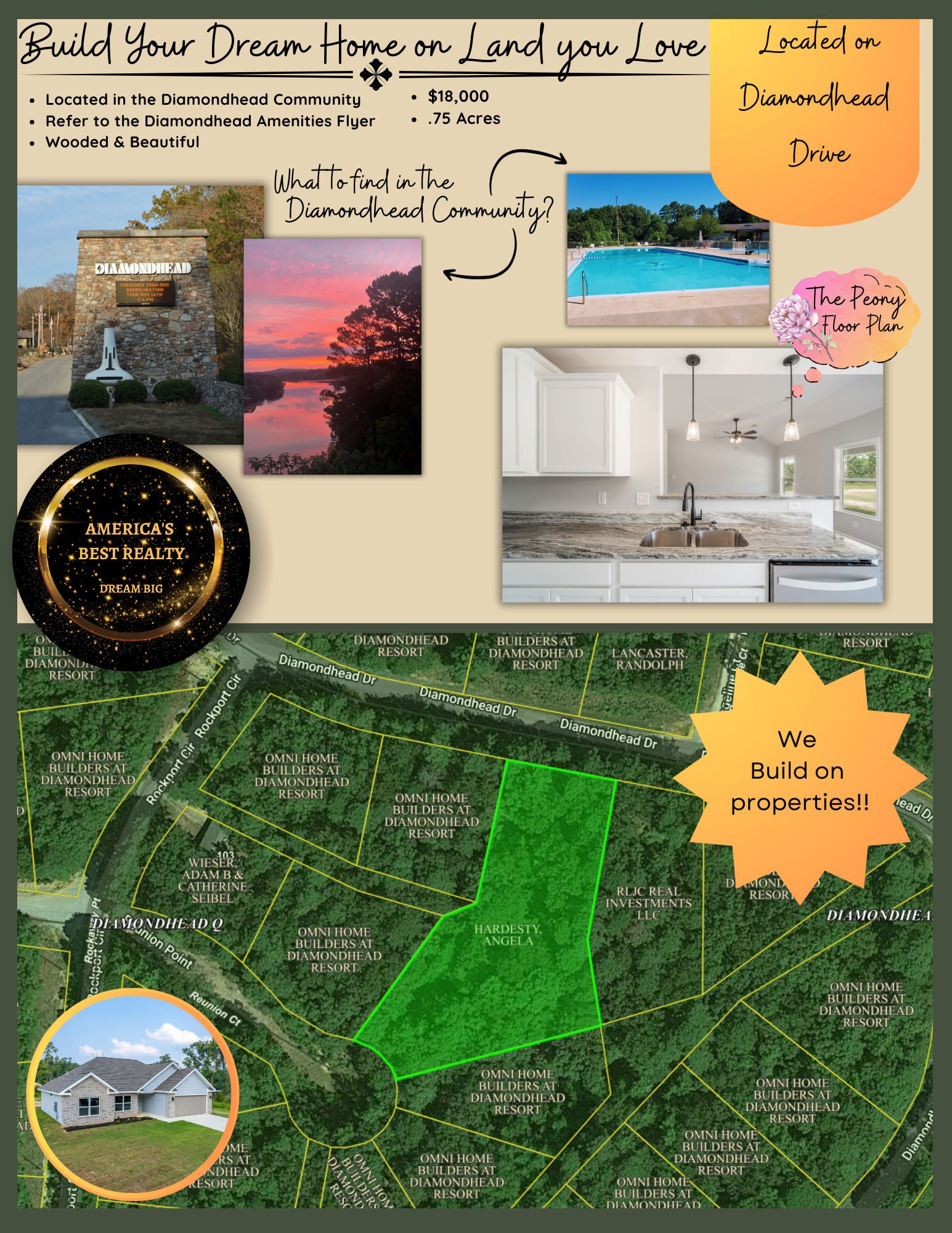 Real estate flyer: Land for sale with building inspiration: pool, kitchen, house, photos, map.