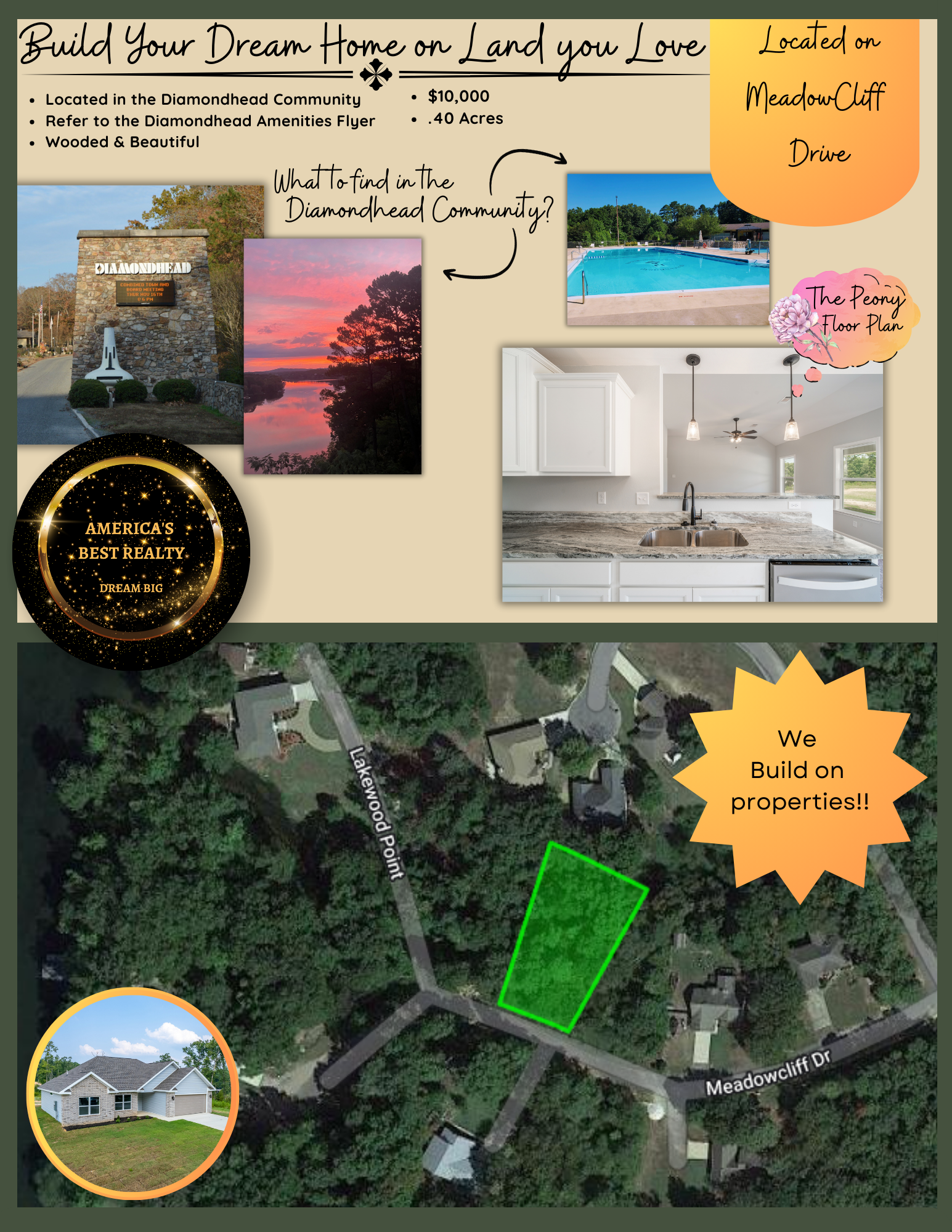 Real estate ad. A wooded lot with a house rendering, amenities images, and contact info.