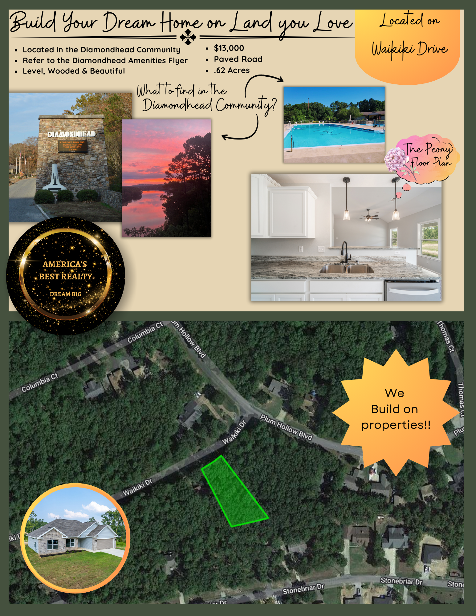 Real estate advertisement: Land for sale in Webster, with a house, pool, and kitchen photos.