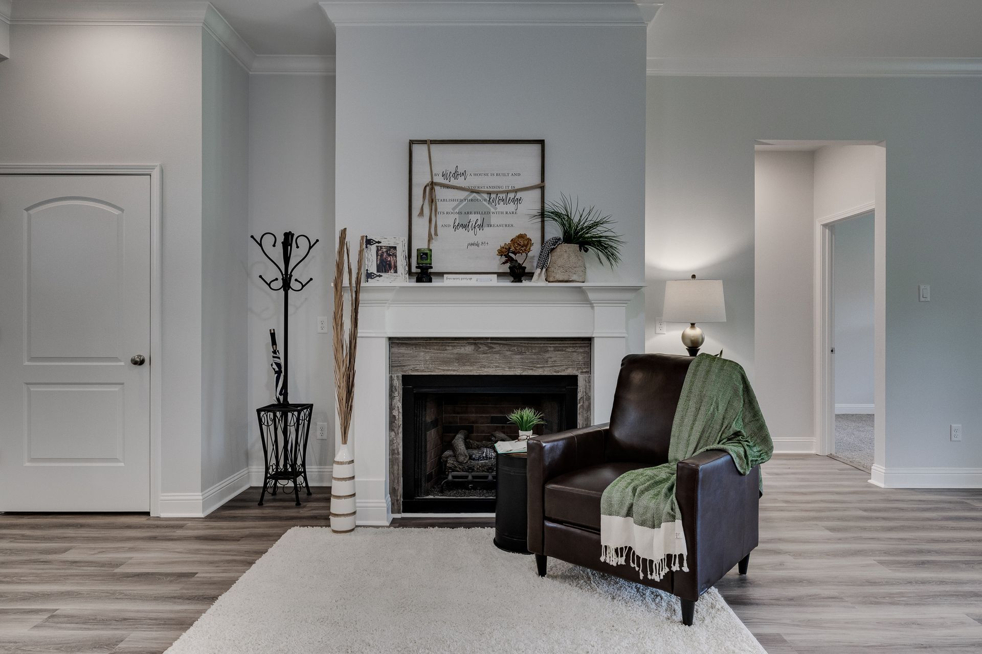 Living room with a fireplace, leather armchair, rug, and a white door.