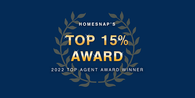 Homesnap's Top 15% Award, gold text on navy background. 2022 Top Agent Award Winner.