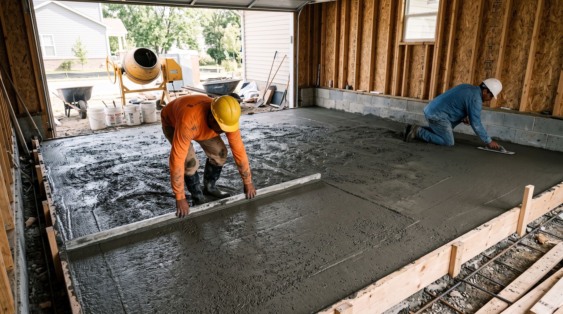 Workers pouring and smoothing wet concrete in a large indoor area under construction