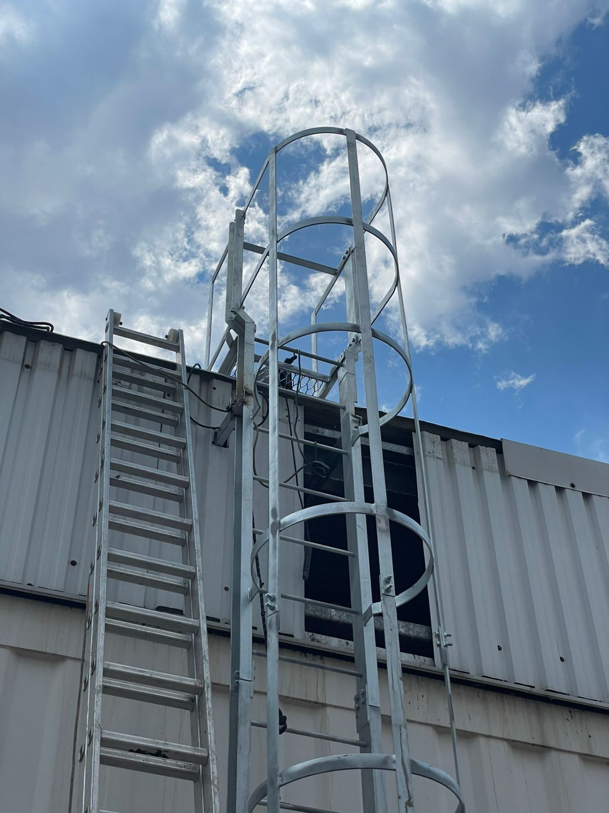 A metal ladder and a cage ladder on the side of a building against a cloudy sky.