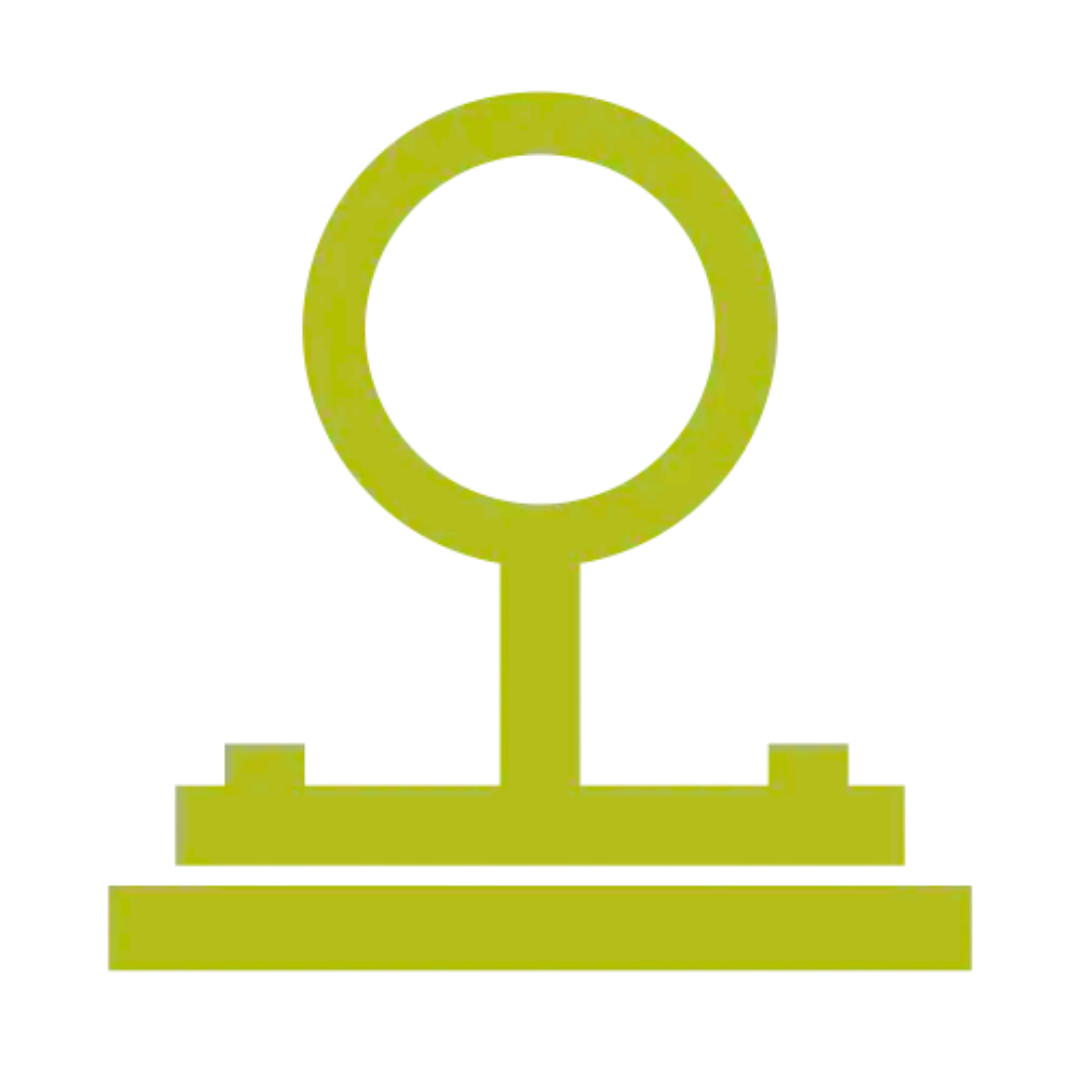 Green abstract symbol: circle above a vertical line with rectangular blocks on either side and a horizontal line below.