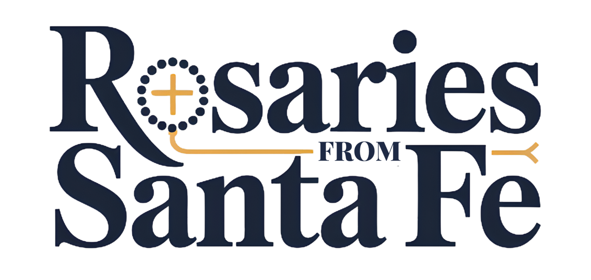 Rosaries from Santa Fe logo with navy church icon, gold cross and rosary beads