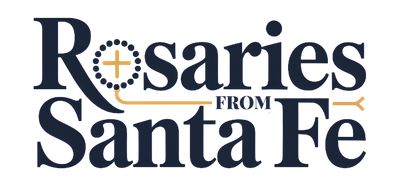 Rosaries from Santa Fe logo with navy church icon, gold cross and rosary beads